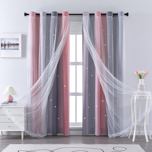 cortinas de dormitorio xidi de doble capa, arcoíris, rosa y gris vista centrada: cuatro paneles opacos en degradado rosa y gris tras una capa traslúcida blanca de malla con bordes de encaje; paneles opacos con estrellas cortadas con láser que filtran puntos de luz, cada panel tiene 8 ojales superiores (diámetro interior 1.6 pulgadas); diseño indicado para oscurecimiento y privacidad según especificaciones del producto; también suele usarse en habitaciones infantiles o como decoración temática.