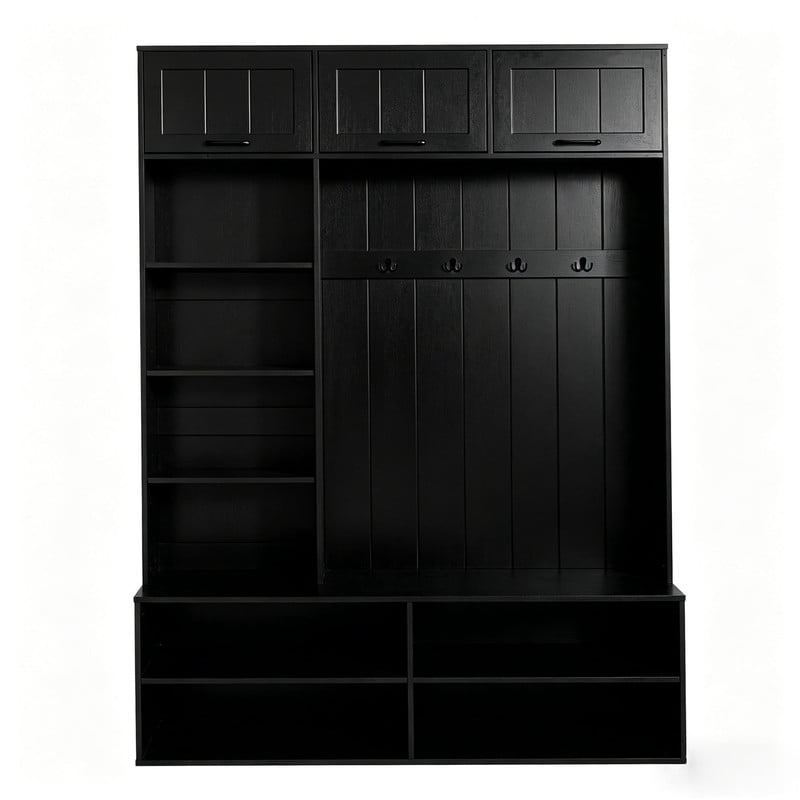 Farmhouse Hall Tree with Bench and Shoe Storage, 5-in-1 Entryway Bench with Coat Rack, Modern Entryway Storage Organizer Cabinet with 4 Hooks for Hallway, Entryway