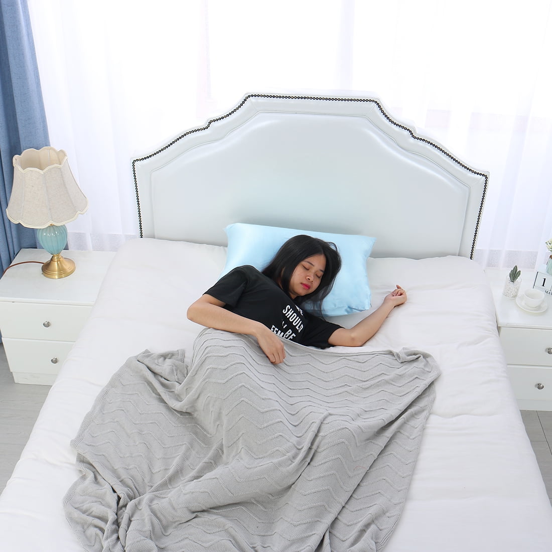 Unique Bargains 1 Piece 100% Silk Pillowcase Light Blue Queen