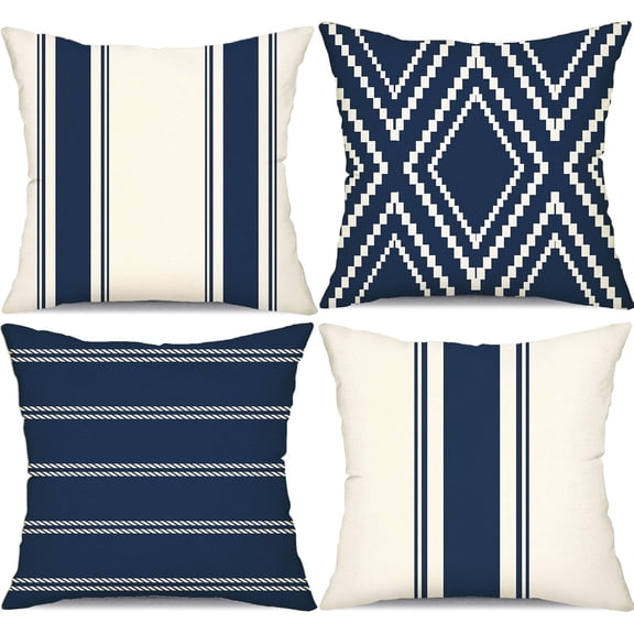 Outdoor Pillow Covers 20x20 Inch Set of 4 Navy Blue Waterproof Modern Geometry Throw Pillows Outdoor Summer Waterproof Decor for Patio Funiture Garden Polyester Cushion Covers 013N20