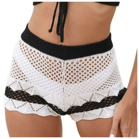 WNVMWI Womens Shorts Yoga Shorts for Women Skorts for Women Shorts Summer Contrasting Color Patchwork Beach Pants Sexy Hollow Woven Hot Pants Young Adult Shorts Workout Bottoms White Black Skort M