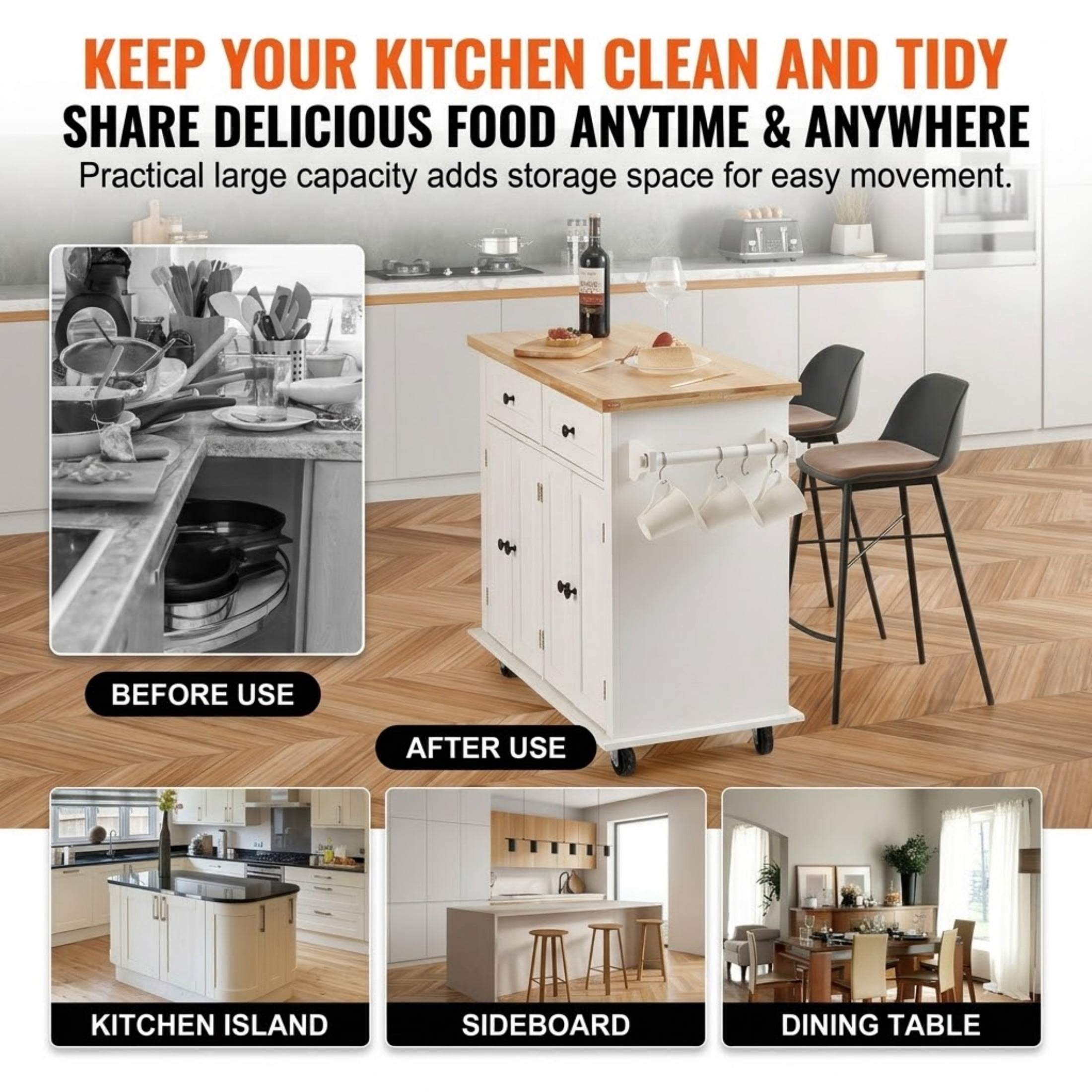 Kitchen Island Cart with Solid Wood Top, 35.4" Wide Mobile Cart with Storage Cabinet, Spice Rack, Towel Rack & Drawer, White