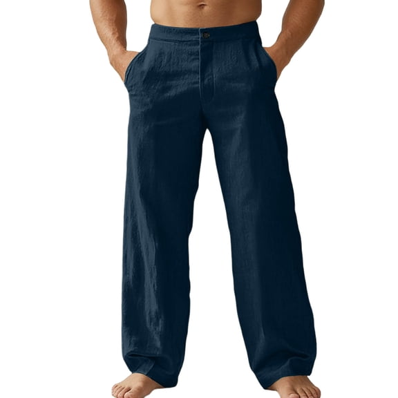 EYNMVR Men's Cotton Linen Pants Casual Button Up High Waisted Wide Leg Trousers