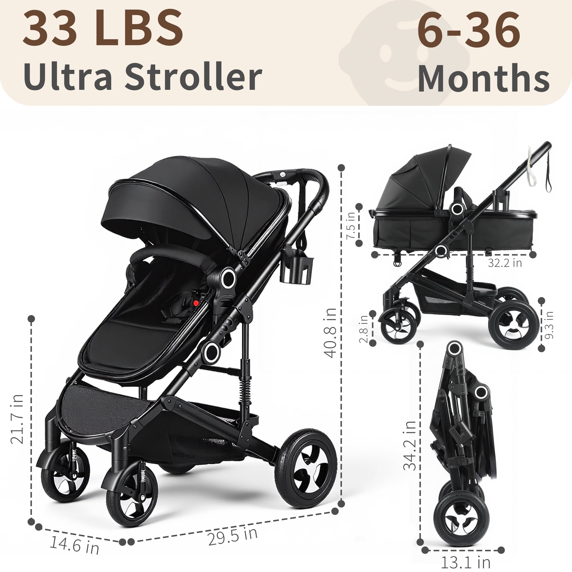 AILEEKISS 3in1 Convertible Baby Stroller with Big Seat and