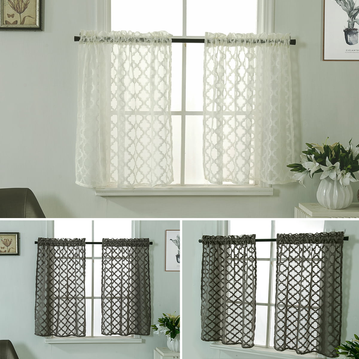 Embroidery Home Kitchen Curtain Cafe Lace Valance Window Sheer Voile Short Panel 