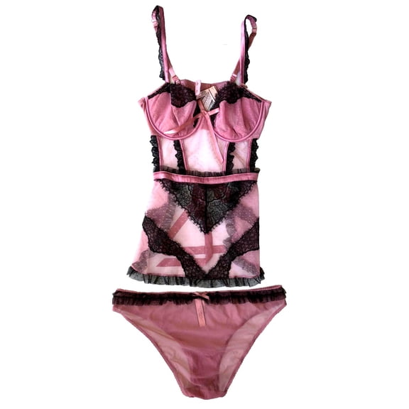 Victoria's Secret Mesh Pink and Black Lace Apron Babydoll and Panty Set Size Large NWT