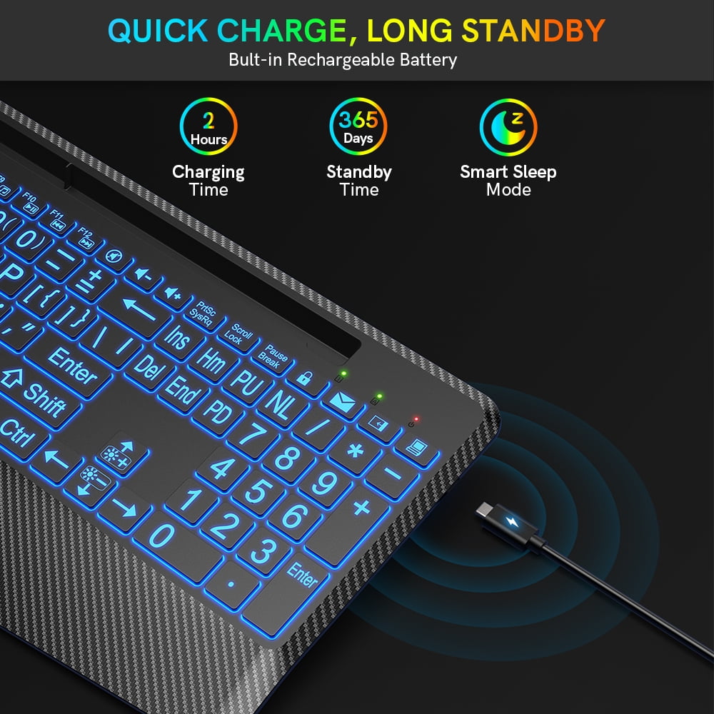 Wagpak 7 Colored Backlits Wireless Keyboard with Wrist Rest, Black, New