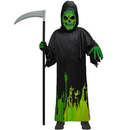 

One opening 3Pcs Kids Halloween Robe Suit Death Style Skull Print Fluorescence Long-Sleeve Long Gown + Gloves + Sickle