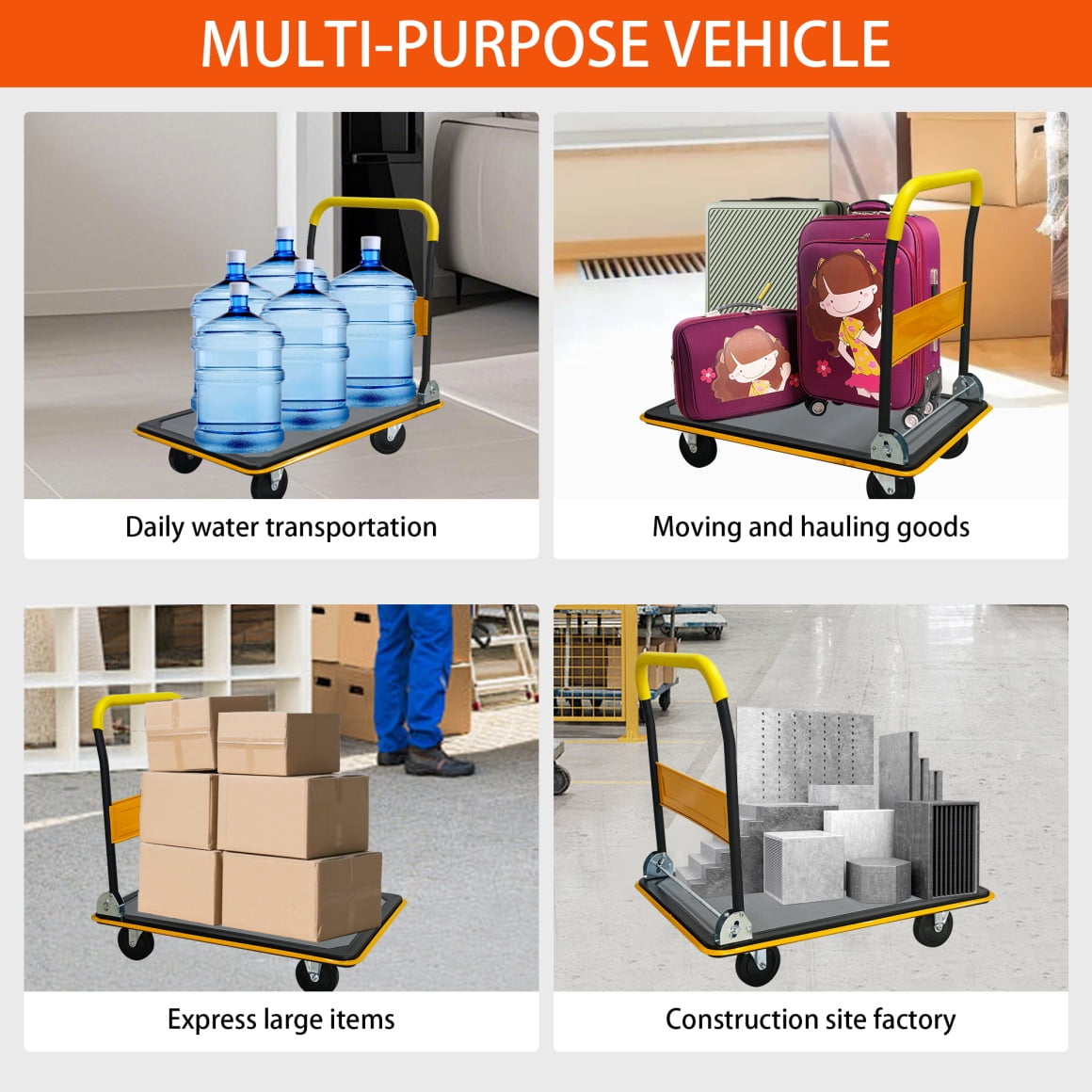 Heavy Duty Platform Truck Cart with 4 Wheels, Foldable Push Hand Cart with Anti-Slip Armrest, 660LBS Weight Capacity, for Loading, Storage, Warehouse, Yellow