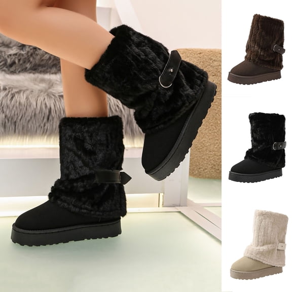 FRSASU Women's Fold-Over Winter Snow Boots Warm Fur Lined Faux Comfort Slip On Platform Buckle Strap Booties Coffee