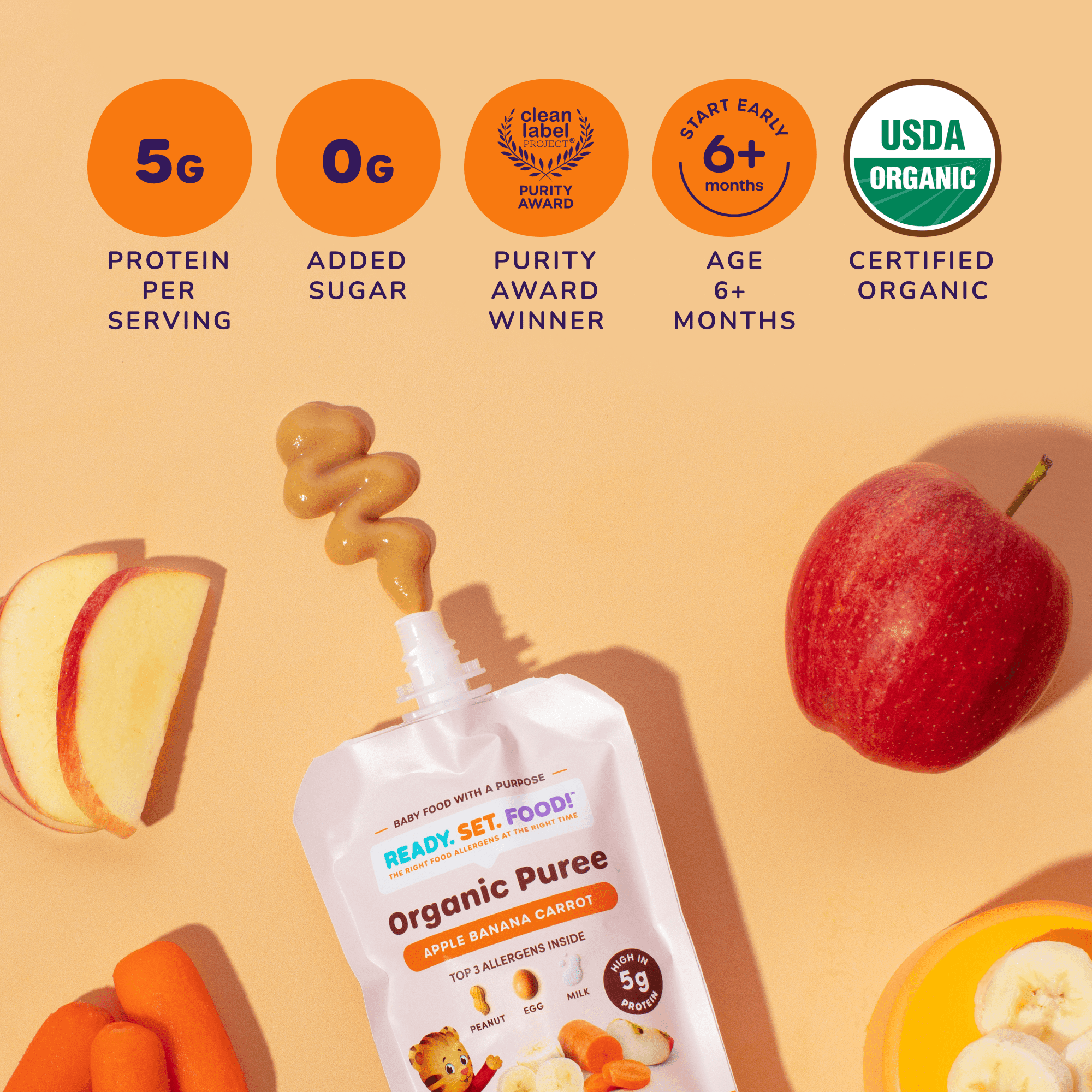 (3 pack) Ready, Set, Food! Daniel Tiger Stage 2 Baby Food, Apple Banana Carrot, 3 Top Allergens, 3.5 oz Pouch