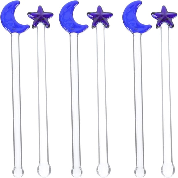 ABPETE Glass Stirring Sticks, 6Pcs Moon and Star Drink Swizzle Sticks, Glass Coffee Beverage Cocktail Stirrers for Party, Bar, Banquet, 4.7 inch Tall