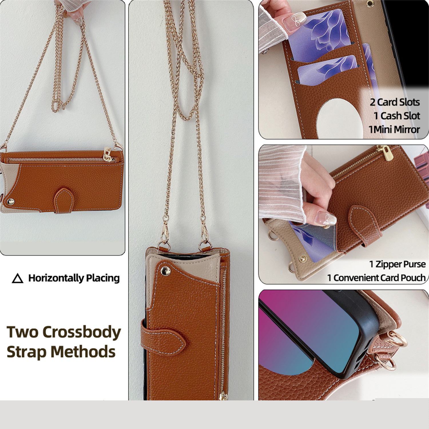 thumbnail image 4 of Allytechgroup Flip Wallet Phone Case for Motorola Edge (2024) with Credit Card Slot, Shoulder Strap PU Leather Zipper Wallet Phone Case Shockproof Full Body Cover Rugged for Women Girls, Brown, 4 of 8