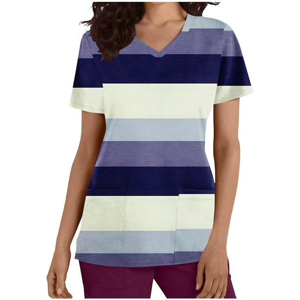 Vestido Corto para las Mujeres con Cuello en V Imprimir Manga Corta Bolsillo Enfermera Top, Poliéster Ligero para el Hogar Diario Y Desgaste Casual