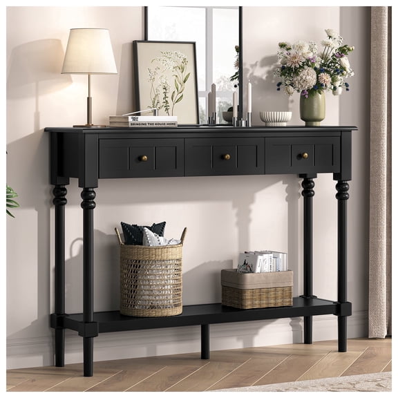JOINICE Console Tables with Drawers,43" Entryway Table with Shelf and Solid Wood Legs,Narrow Long Sofa Table with Storage, Wood Foyer Tables for Entryway,Living Room,Hallway,Black