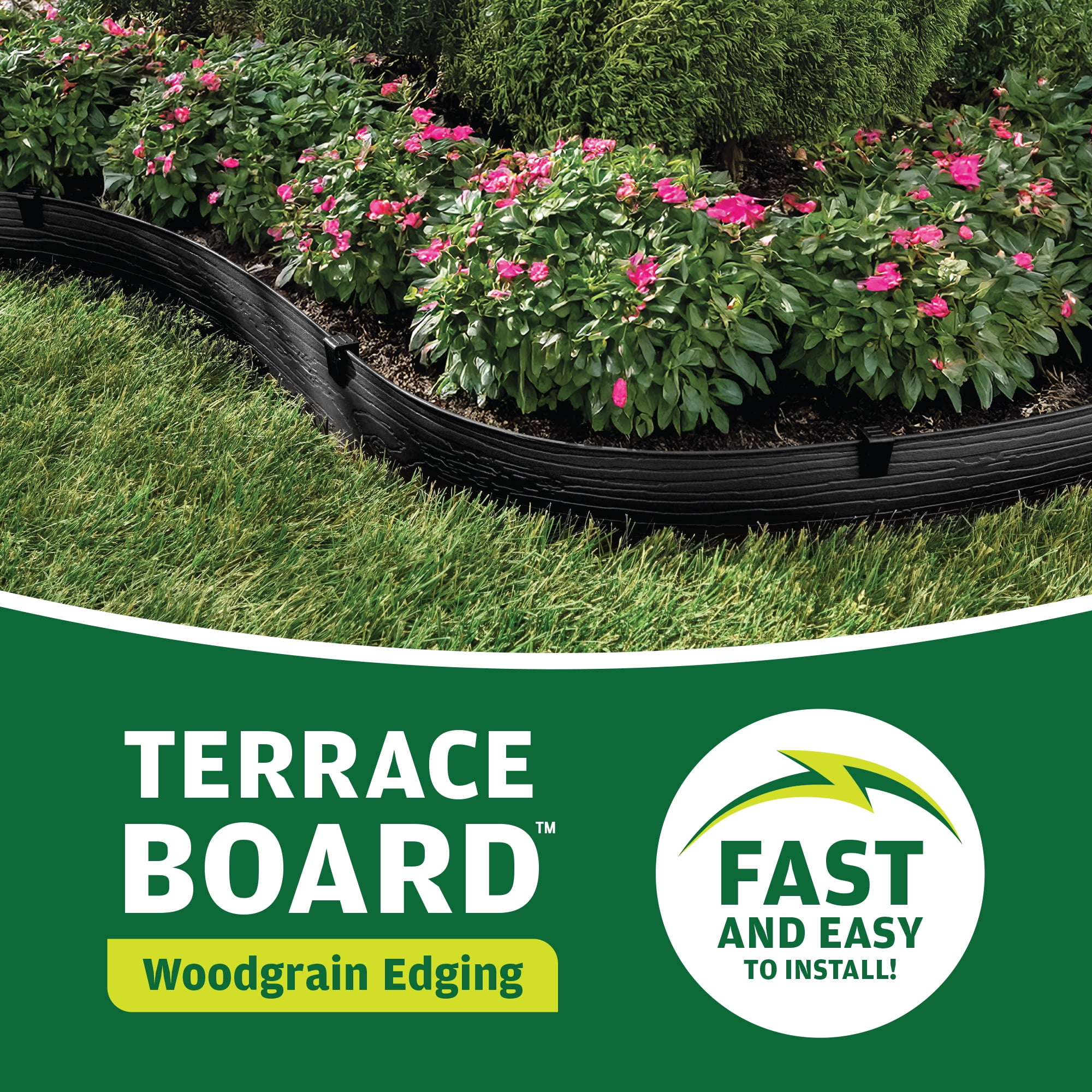 Master Mark Terrace Board 5-Inch x 20-Ft Plastic Garden Edging Border, Black Wood Grain, Flexible & Durable, Includes 5 Anchoring Stakes, Made in USA - Ideal for Landscape Edging & Garden Fence