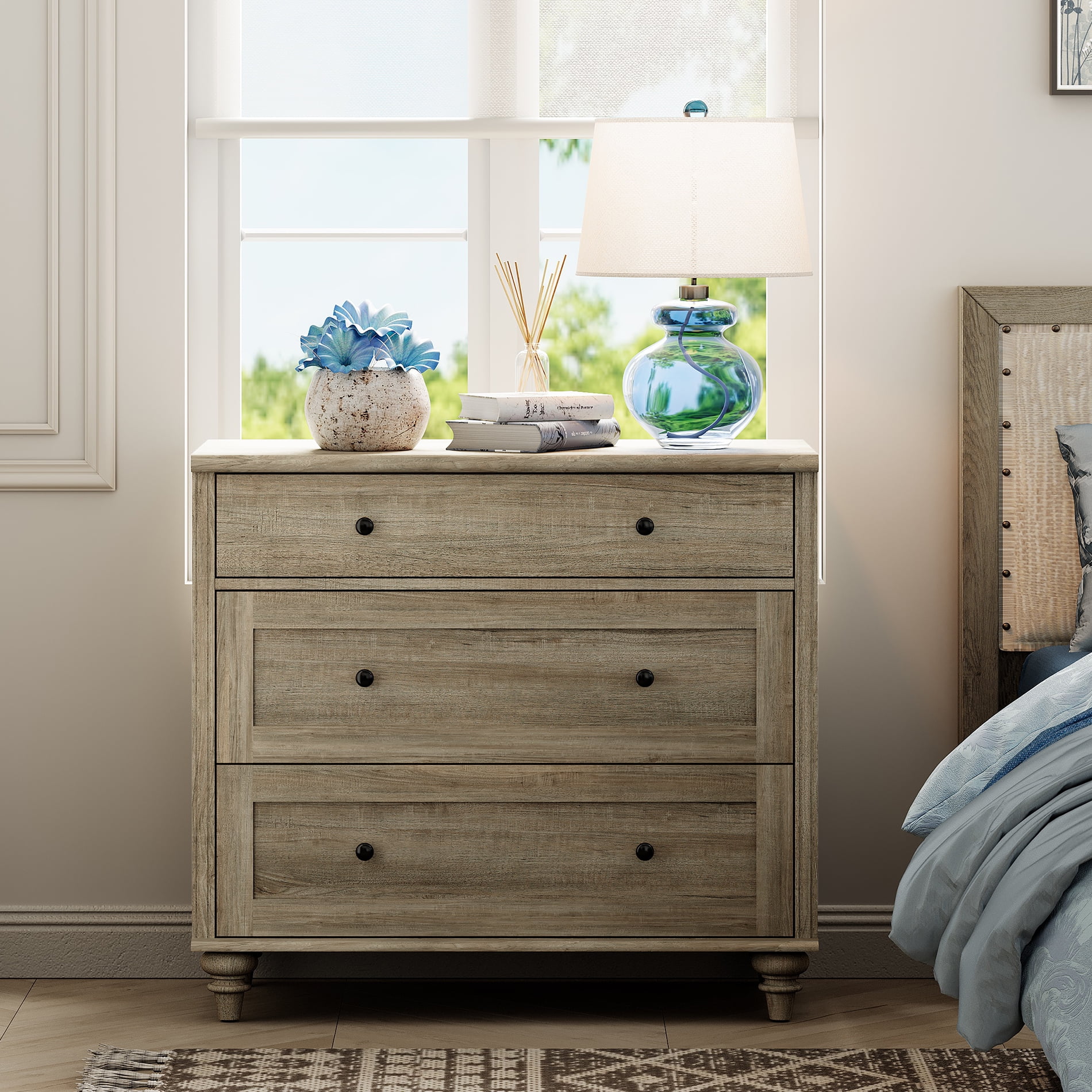 Farmhouse Nightstand with 3 Drawers, Set of 2 Large 3 Drawers Wood Bedside Table Night Stand, Wide Sofa Side End Table Chest of Dresser for Living Room, Bedroom, Grey, 34 inch