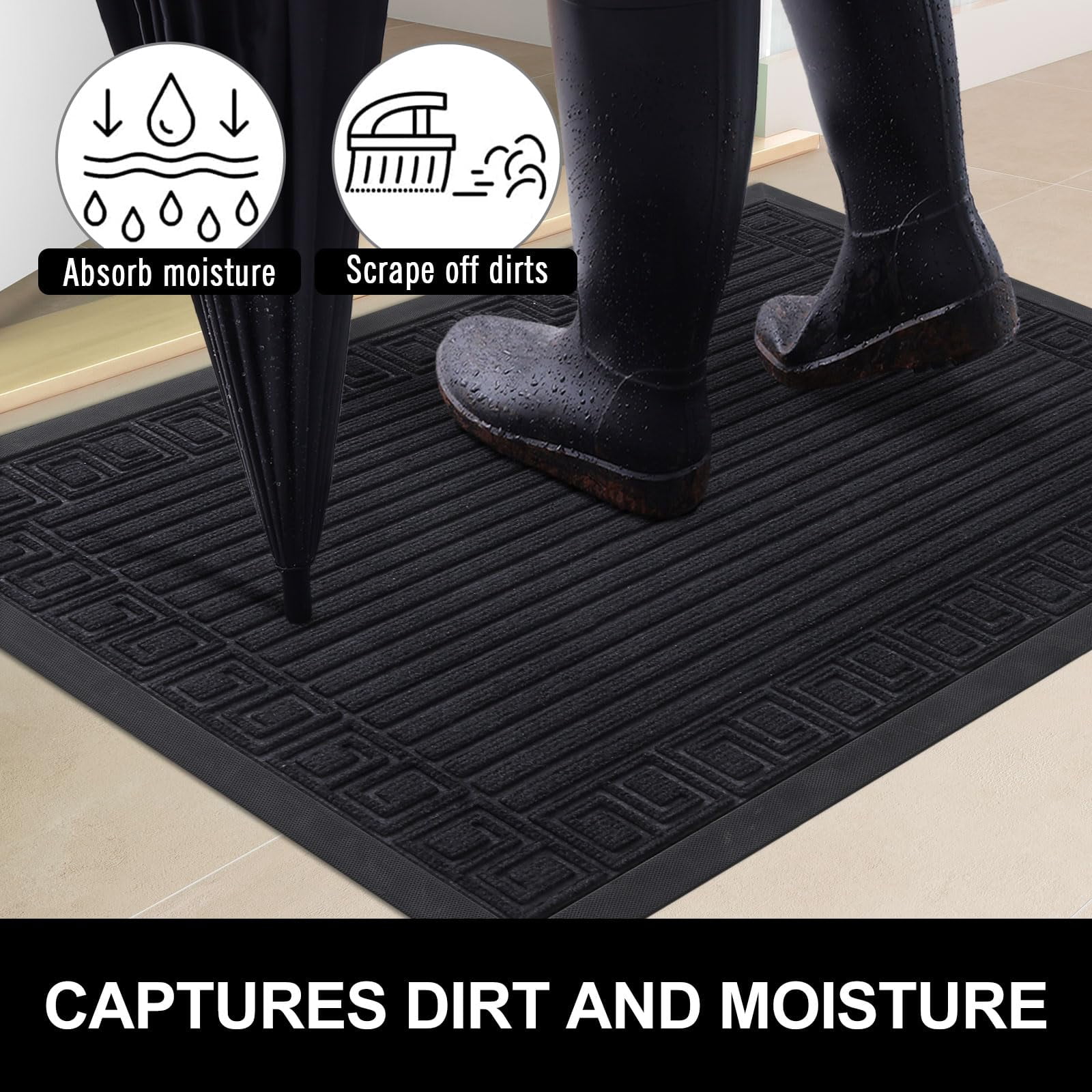 Buganda Outdoor Doormats, Heavy-duty Rubber Door Mats, Absorbs Moisture and Dirt Outdoor Mats, Low Profile Mats for Entry, 30"x17", Black
