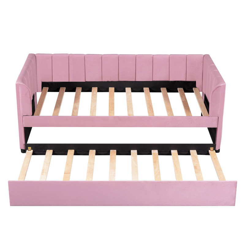 Aukfa Daybed with Trundle, Twin Size Upholstered Bed Frame, Velvet, Pink