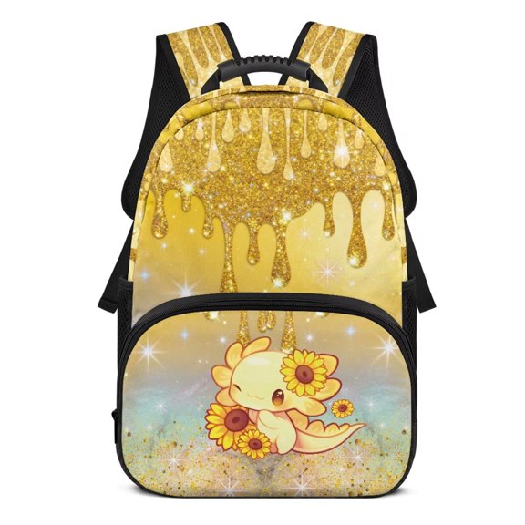 Pzuqiu Axolotl Sunflower Kids Backpack for Ages 6-18 17 Inch School Bag with Adjustable Straps Large Capacity Back to School Elementary High School Travel Use