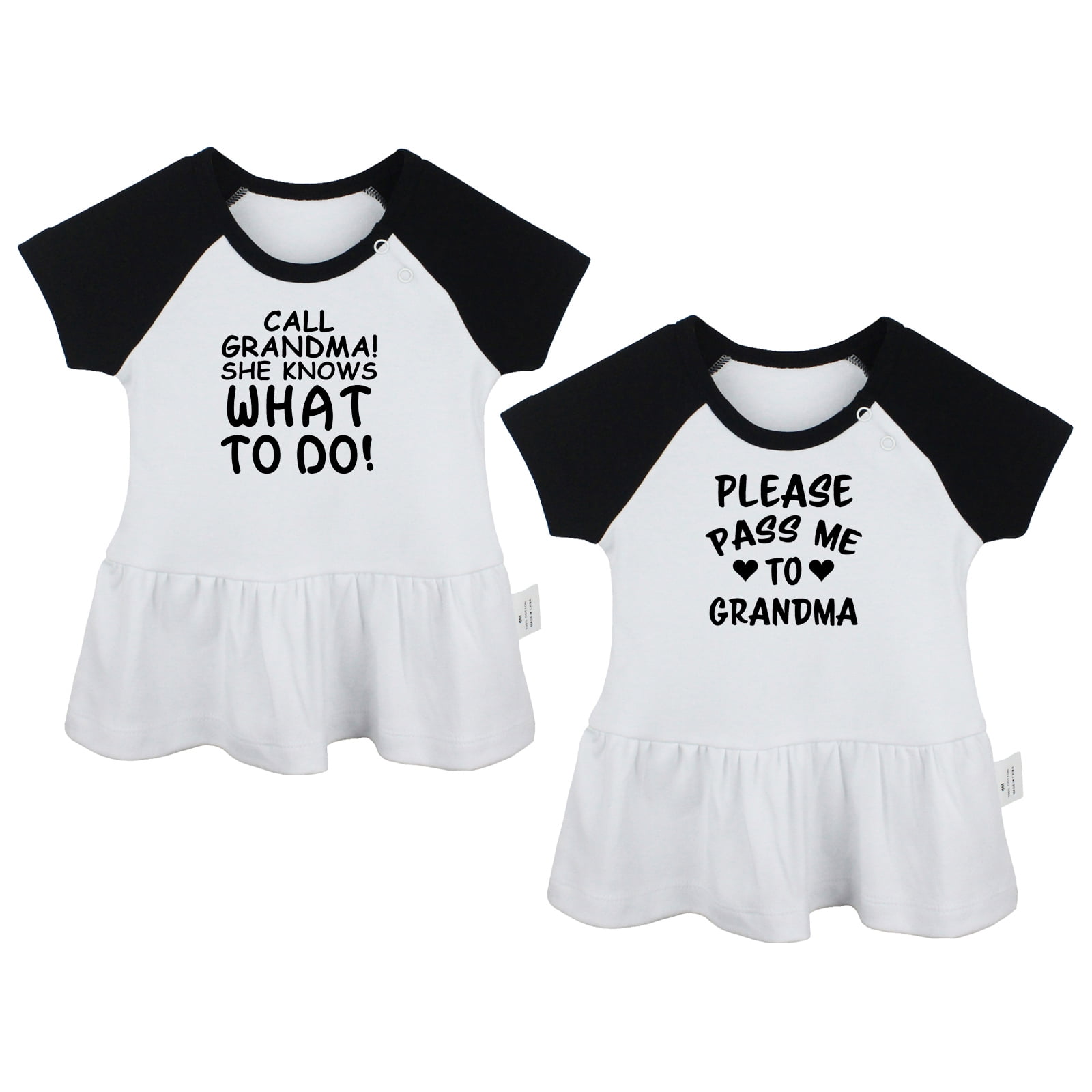 Pack of 2, Call Grandma She Knows What to Do & Please Pass Me to Grandma Funny Dresses For Baby, Newborn Babies Skirts, Infant Princess Dress, Toddler Frocks (Black Raglan Dresses, 0-6 Months)
