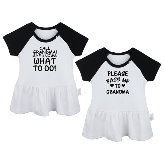 Pack of 2, Call Grandma She Knows What to Do & Please Pass Me to Grandma Funny Dresses For Baby, Newborn Babies Skirts, Infant Princess Dress, Toddler Frocks (Black Raglan Dresses, 18-24 Months)