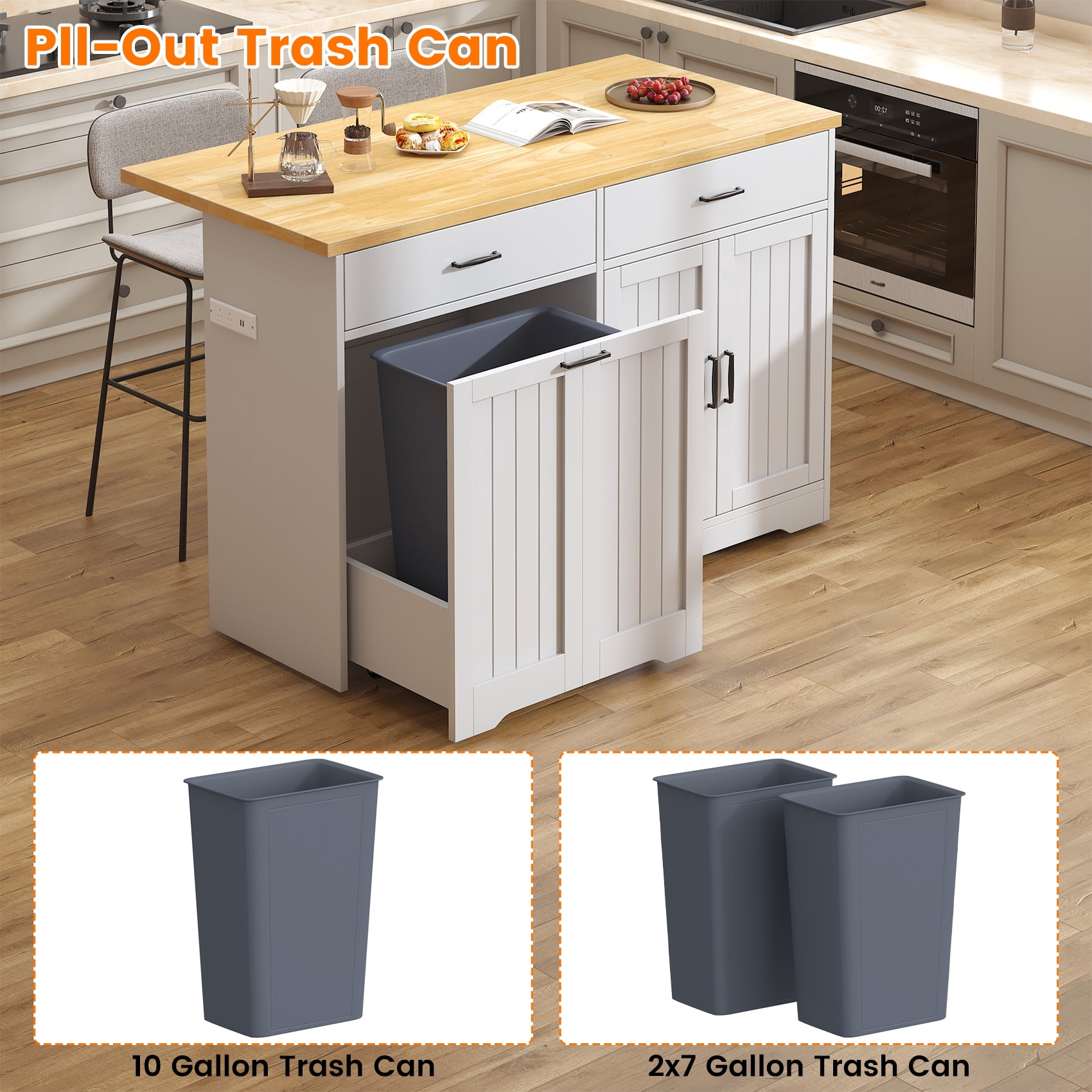 HAUXITIO Kitchen Island with Drop Leaf,Power Outlet & LED Lights,Stationary with Hidden Casters Islands Table for Kitchen,Dining Room,White
