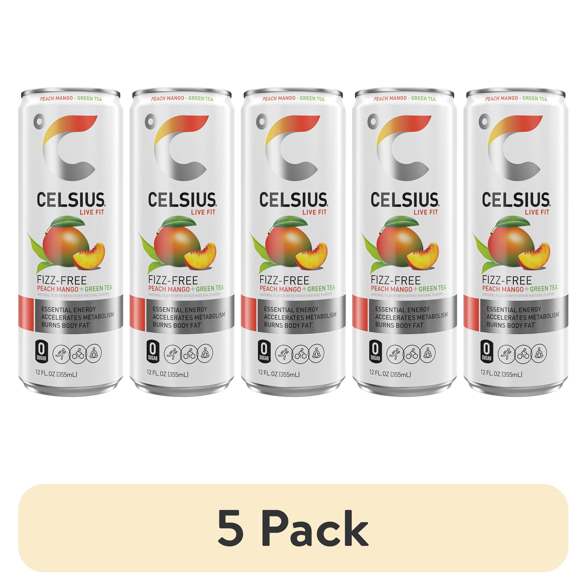 (5 pack) CELSIUS Essential Energy Drink 12 Fl Oz, Peach Mango Green Tea (Single)