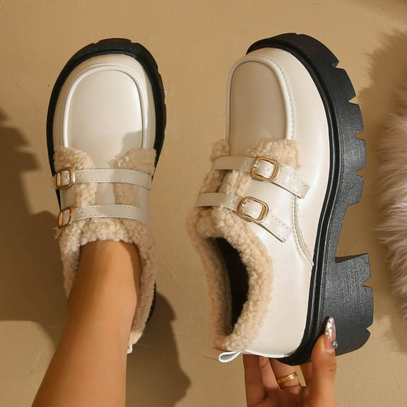 SYMOID Womens Re-Ro Chunky Platform Loafers - Beige Faux Shearling Warm Pu Faux Leather Shoes with Gold Double Buckle for Autumn Winter Daily Campus Casual Wear,Size 36