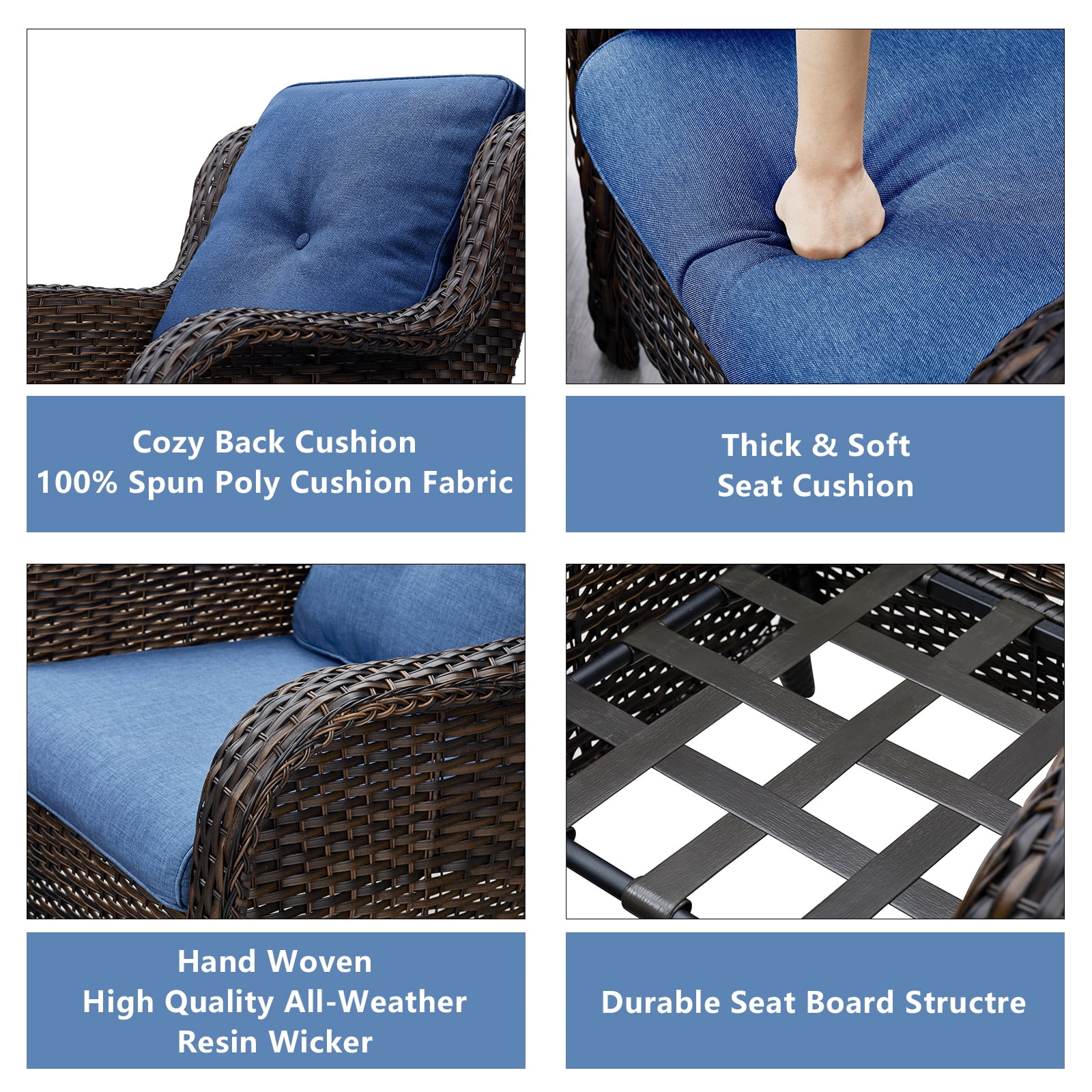 PARKWELL Outdoor Wicker Patio Chairs Set of 2,Lounge Chairs with Cushions for Porch Balcony Backyard,Brown Wicker and Blue Cushions