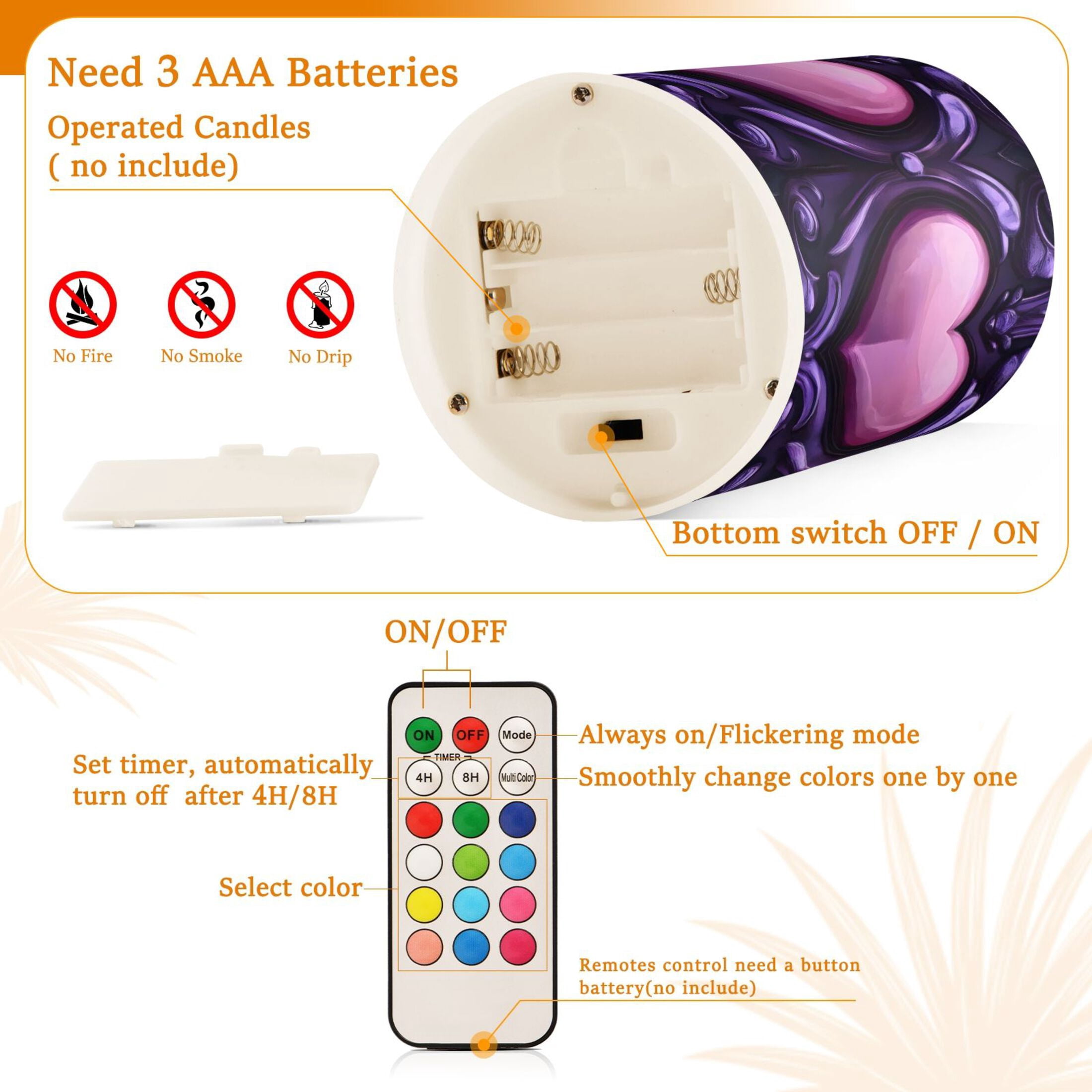 Shining Purple Heart Flickering Flameless Candles Battery Operated with Remote Timer LED Pillar Candles Set of 2