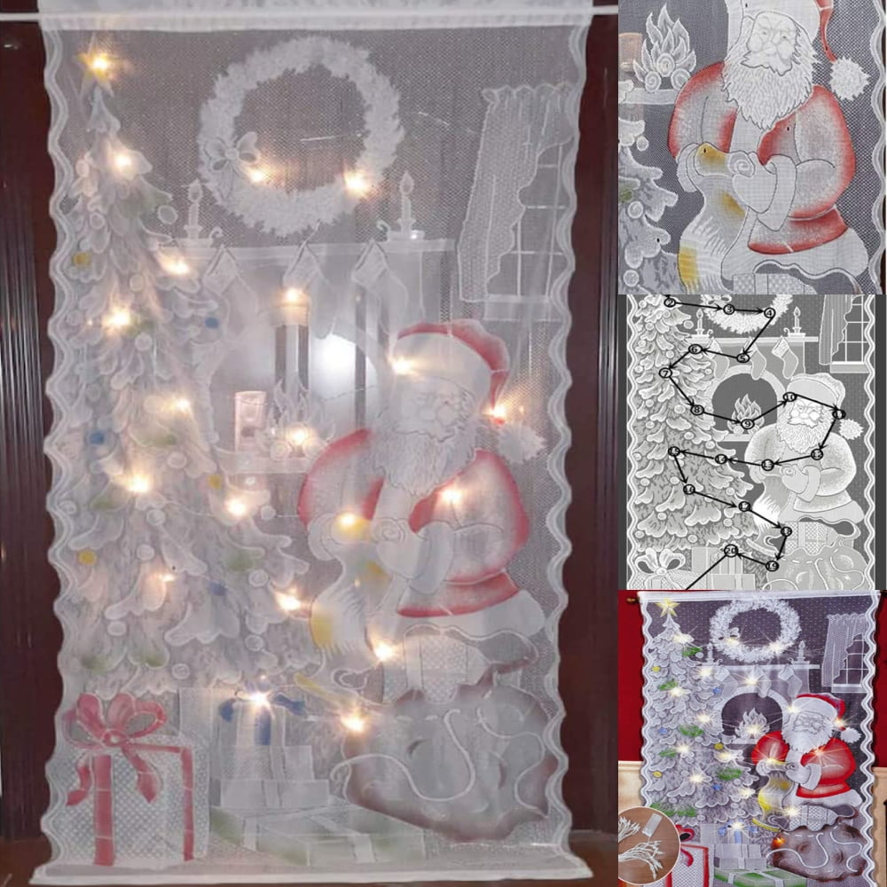 Fashnice Single Curtain Panel Santa Claus Sheer Door Window Curtain,Xmas Lace Voile Window Drape,Christmas Tulle Wall Curtain Panel With LED Light-W:40'xL:84'