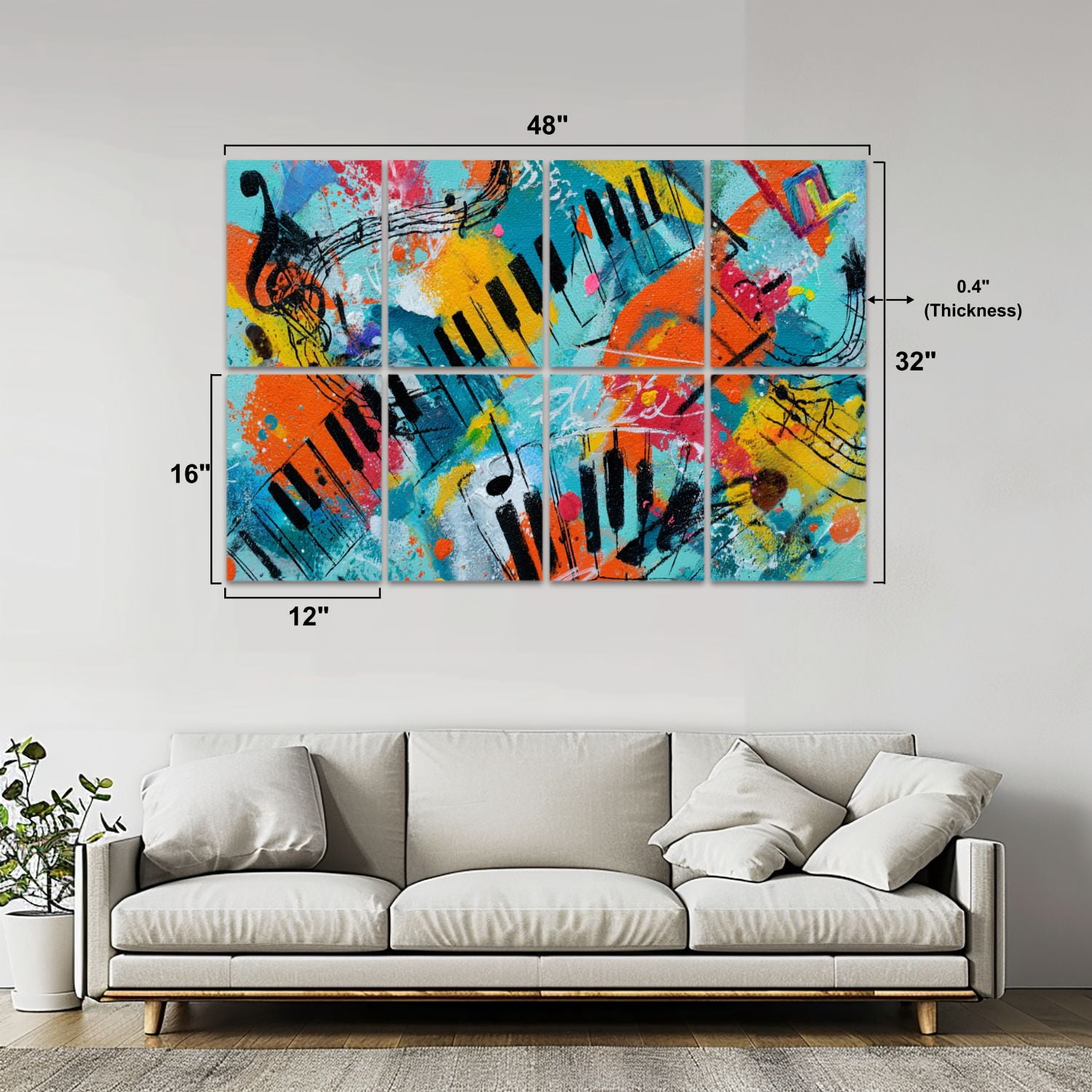 8 Pack Art Acoustic Panels Sound Absorbing Abstract Piano Keyboard Musical Notes Splash Graffiti Curved Piano Decorative Soundproof Wall Panels Self Adhesive for Nursery Game Room Bedroom 48"x32"