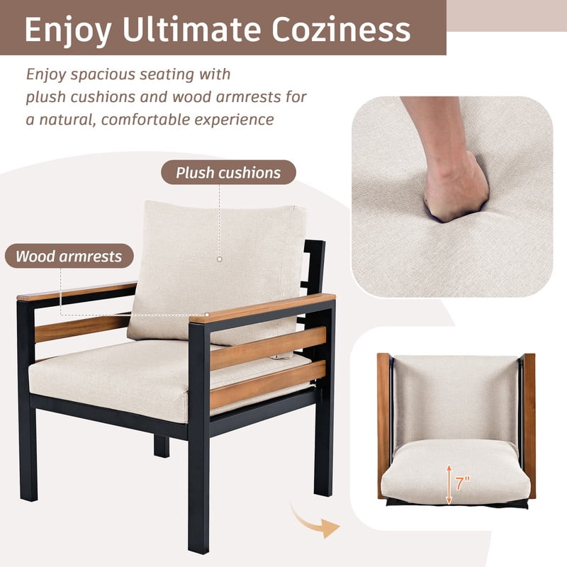 4-Piece Patio Furniture Set with Removable Cushion and Solid Wood Coffee Table, Outdoor Conversation Set with Acacia Wood Armrests & 3-Seat Sofa