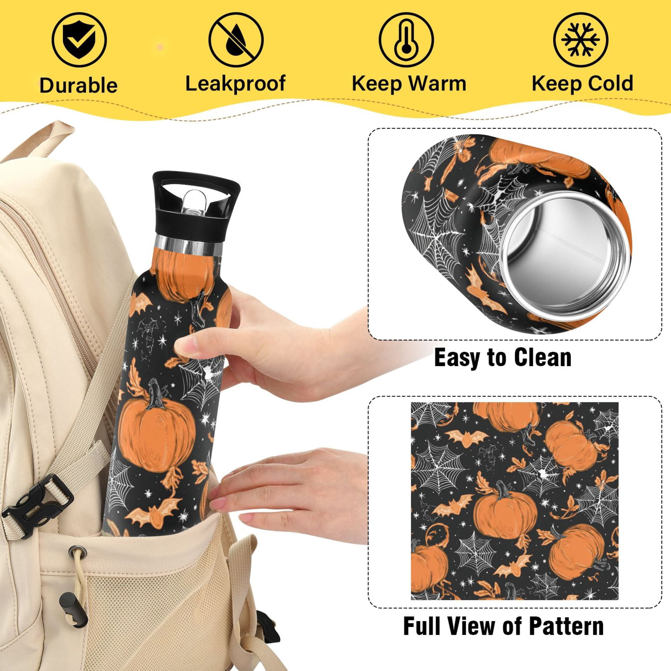 Kids Insulated Stainless Steel Sports Water Bottle 600ml (20oz) Orange Pumpkins and Spider Webs