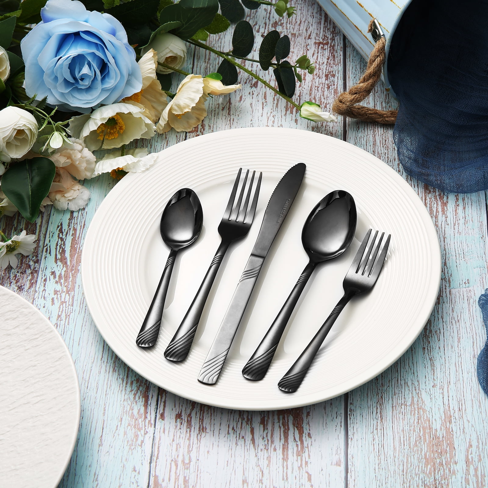 KitchenTrend Swirl 48 Piece Stainless Steel Flatware, Tableware Cutlery Set for Home Restaurant Black