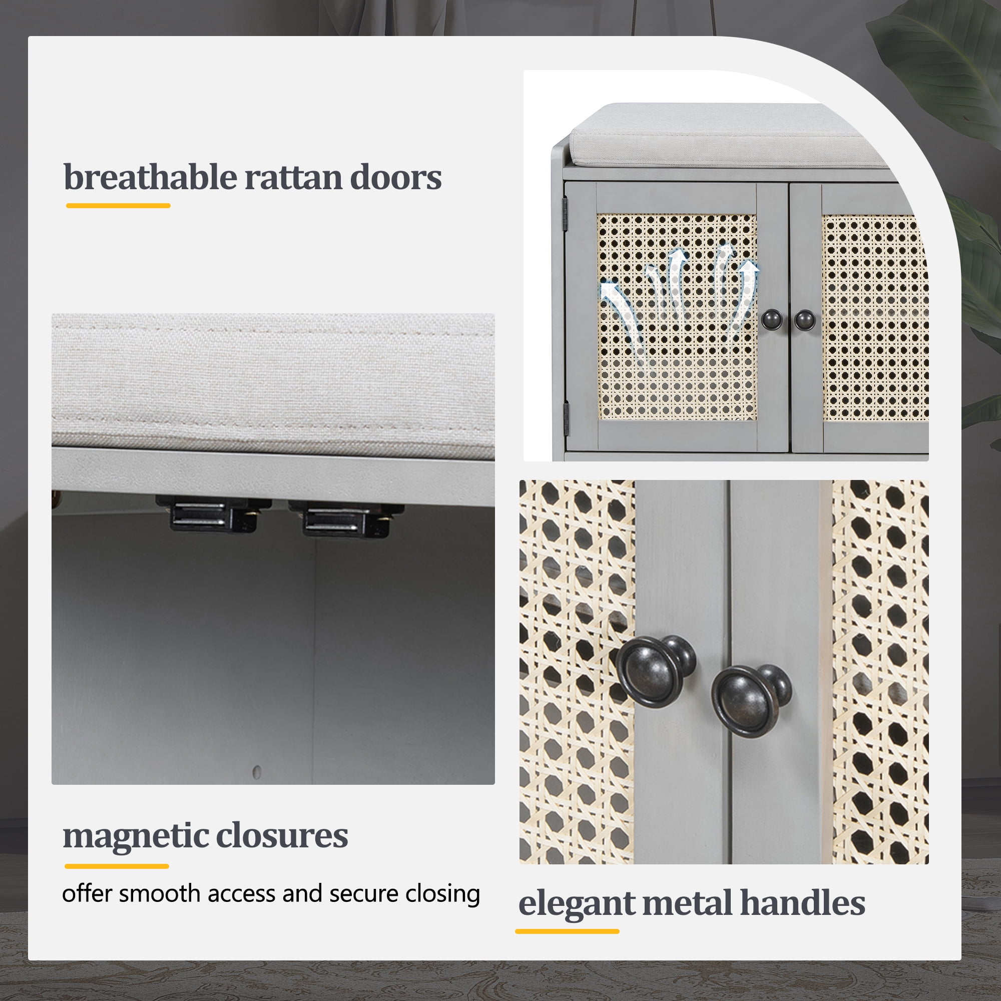 Euroco Multifunctional Storage Bench, Wood with Woven Rattan Doors, Gray