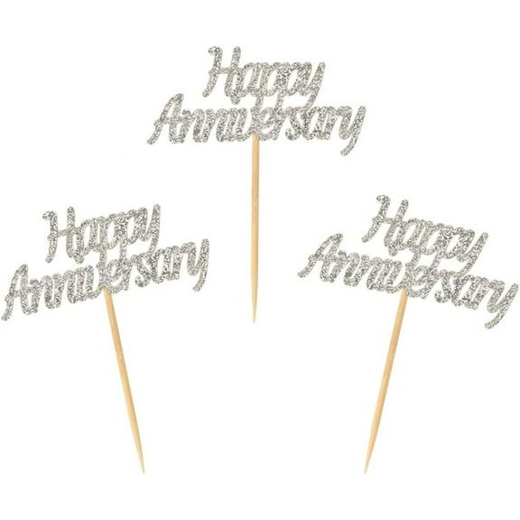12pcs Silver Glitter Happy Anniversary Cupcake Toppers Cake Picks for Wedding Anniversary Party Table Decorations