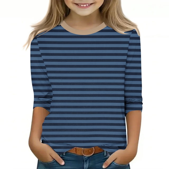 MKOSPLRT Hauts Rayés pour Enfants Manches 3/4 T-Shirts à Blocs de Couleur Col Rond Chemises Y2K Blouses Décontractées Amples T-Shirts Légers de Printemps