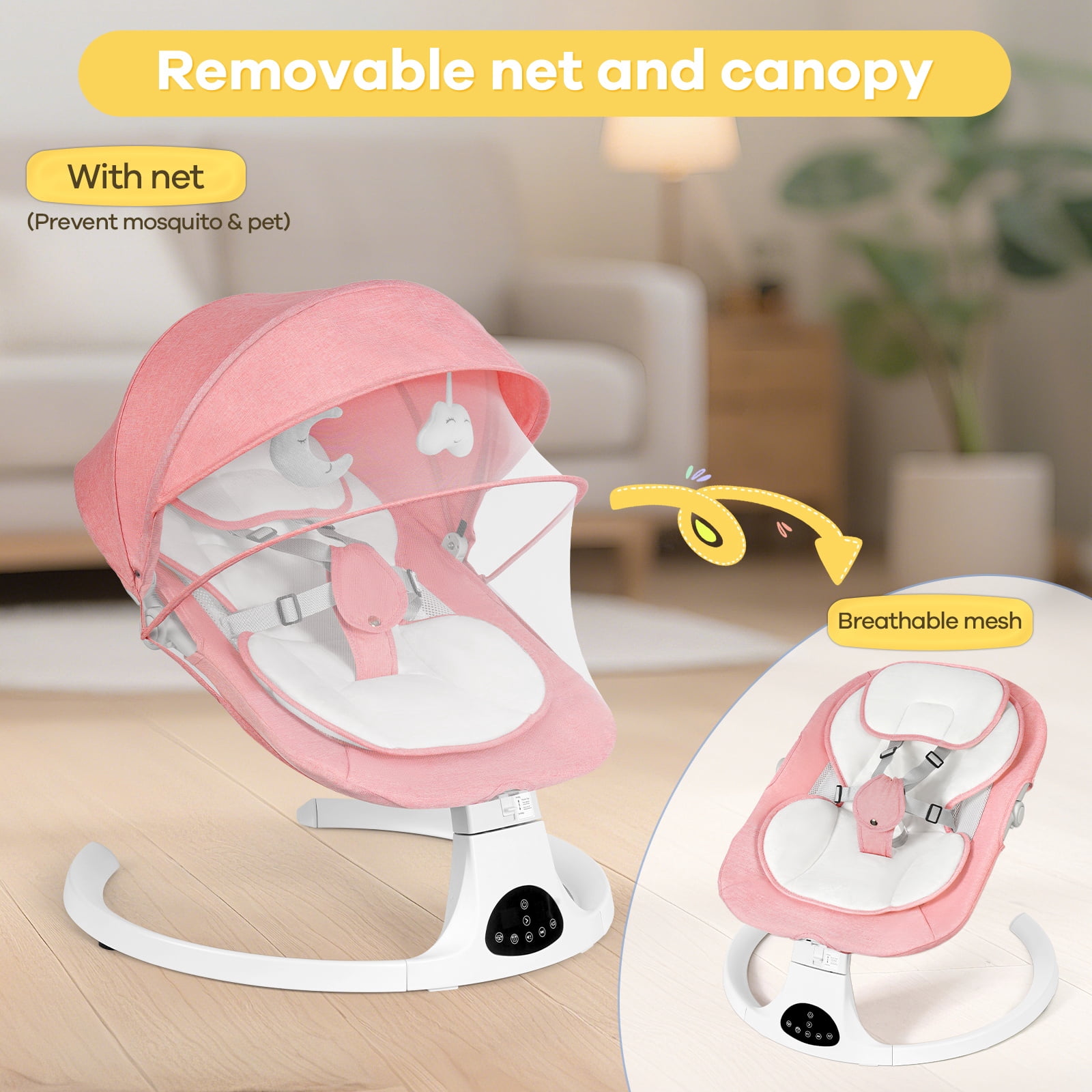 Baby Swing for Infants 0-18 Months, 5 Speed Bluetooth Bouncer with 10 Lullabies, Portable Infant Swing Chair with Detachable Toys & Mosquito Net, Lightweight for Home & Travel, Pink