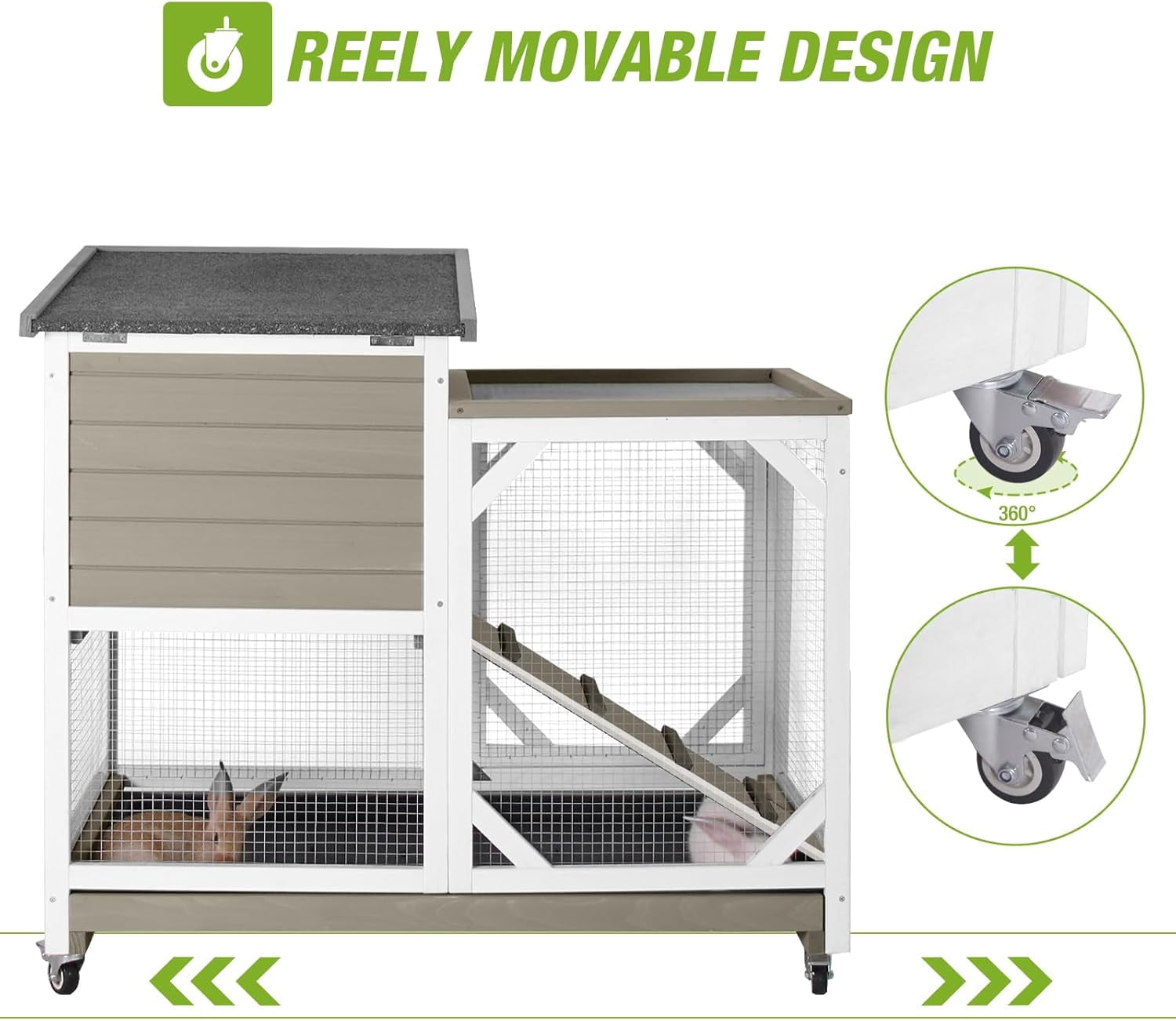 Aivituvin 2-Story Rabbit Hutch with Chew-Proof Ramp & Pull-Out Trays - Indoor/Outdoor 39.3" Wooden Rabbit Cage on Wheels for Rabbits, Guinea Pigs (Light Brown)