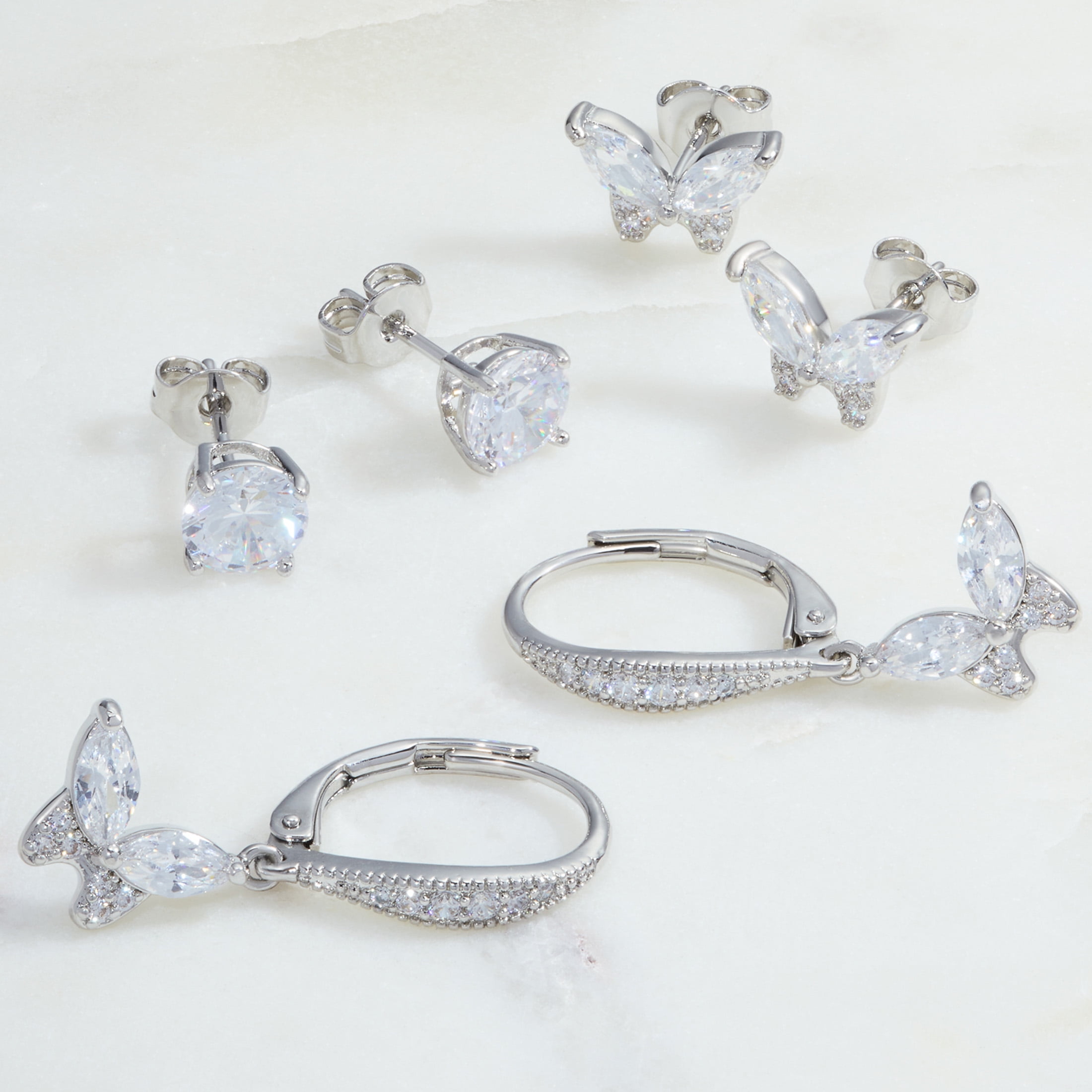 Believe by Brilliance Women's Fine Silver Plated CZ Round and Butterfly Earring Trio Set