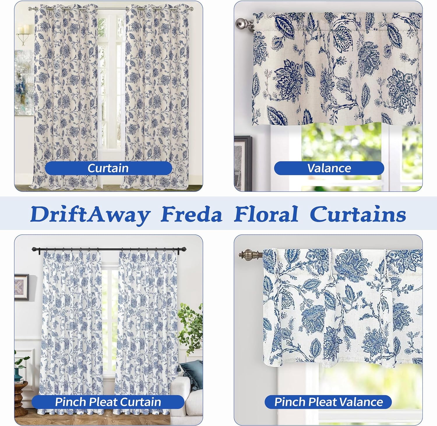 DriftAway Freda Jacobean Floral Linen Blend Blackout Thermal Insulated Energy Saving Privacy Window Curtain Valance Rod Pocket 2 Layers Single 50 Inch by 18 Inch plus 2 Inch Header Navy Beige