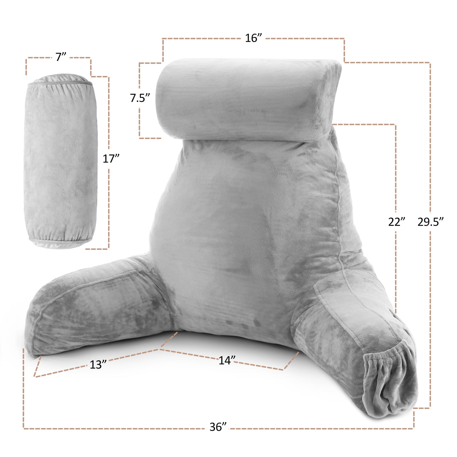 LAMMALOE Reading Pillow , Backrest Pillows with Arms, Plush Back Pillow Detachable Neck Roll, Shredded Memory Foam Bed Rest Pillow, Large, Silver