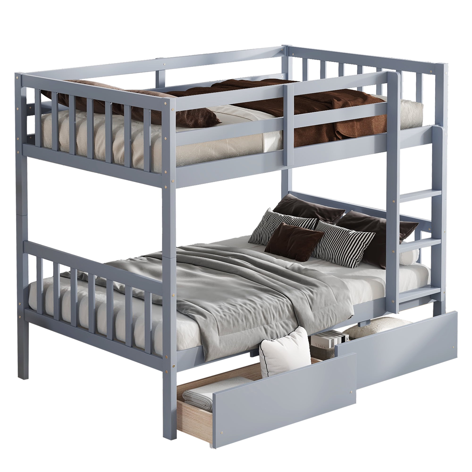 Sailvan Twin Over Twin Rubber Wood Bunk Bed with 2 Drawers, Convertible into 2 Twin Beds