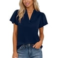 thumbnail image 2 of CQONEPT Womens Summer Satin Blouses V Neck Dressy Casual Shirts Ruffle Cap Sleeve Business Work Spring Tops Navy XL, 2 of 7