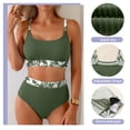thumbnail image 3 of Eytino Women's High Waisted Bikini Set - Textured Two Piece Swimsuit with Scoop Neck and Floral Print Dark Green M, 3 of 7