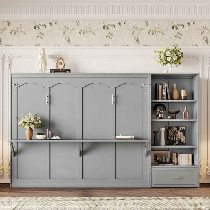 Queen Size Wall Murphy Bed with Adjustable Shelf, All-in-One Storage Bed Frame with Drawer, Folding Platform Bed for Guest Room