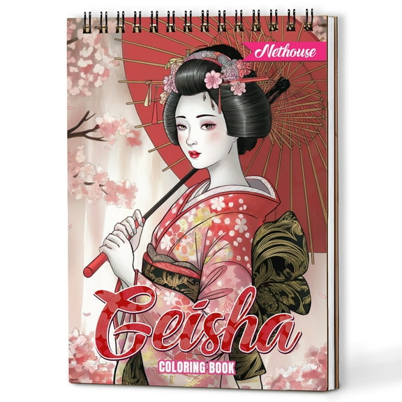 NETHOUSE Geisha Coloring Book for Adults, A5 Wooden Cover, 30 Elegant Coloring Pages of Traditional Japanese Beauty for Stress Relief and Relaxation,Spiral Bound Edition