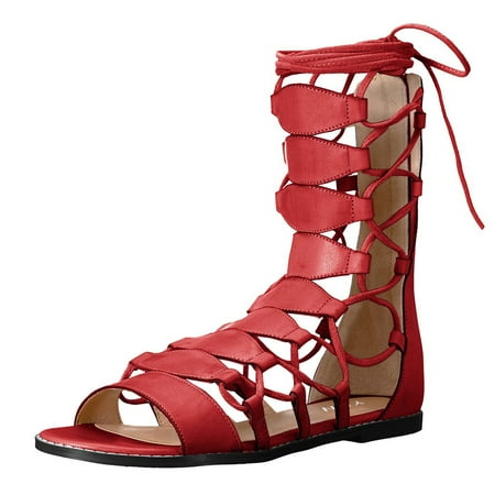 YDN Women Fashion Ankle High Gladiator Sandals Lace Up Round Open Toe Flats Zips Summer Casual Walking Shoes Size 8 Red